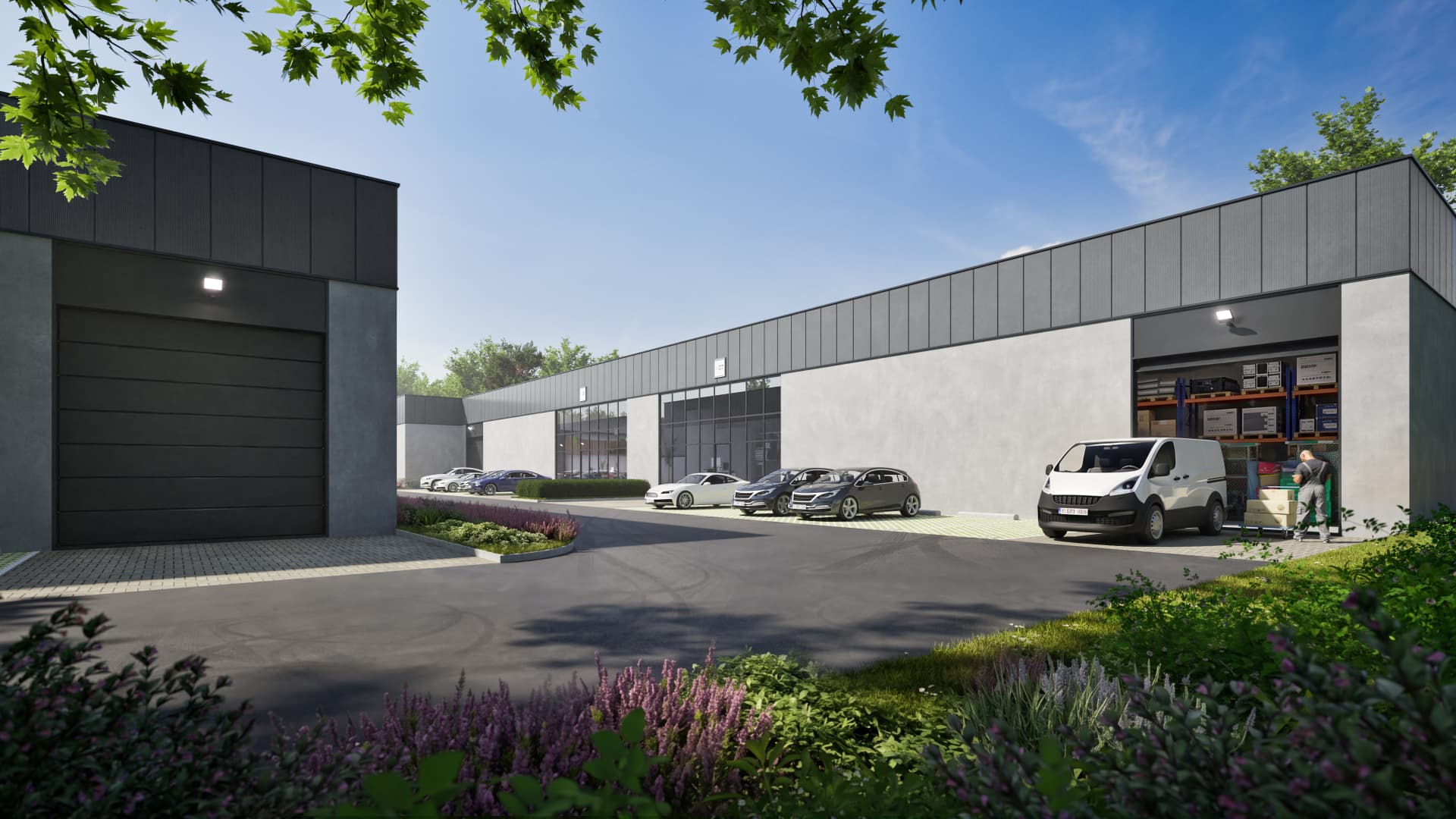 Render van de KMO-units met sectionaalpoorten